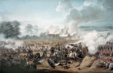 Aanval van de Franse cavalerie op de Britse vierkanten tijdens de Slag bij Waterloo, 1815